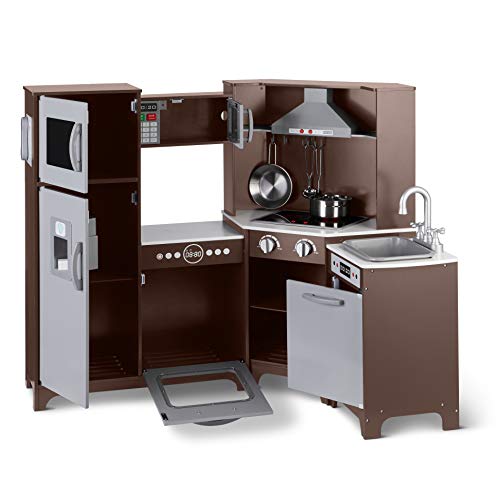 Amazon Basics Kids Corner Wooden Kitchen Playset with Interactive Doors, Knobs, and Lights, Gift for Age 3Y+, Espresso/Gray, 39.37x28.35x35.04''