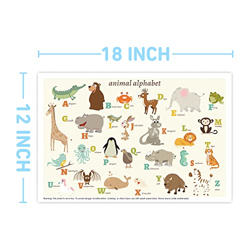 Disposable Stick-on Placemats 40 Pack for Baby & Kids, Restaurant Table Mats 12" x 18" Sticky Place Mats, Toddler Baby Placemat, Animal Alphabet Theme