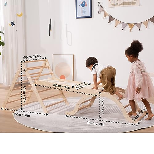 Giant bean Large Foldable Pikler Triangle Set with Sliding Ramp & Climbing Arch Ramp, 5-in-1 Wooden Toddler Climbing Toys Indoor,Playground Jungle Gym for Kids Age 3-6, Montessori Climbing Set