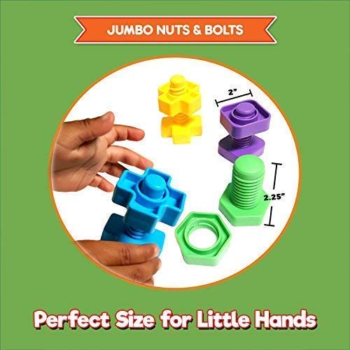 Jumbo Nuts and Bolts For Toddlers - Fine Motor Skills Rainbow Matching Game Montessori Toys For Toddlers & Toddler Games | 12 pc Occupational Therapy Educational Toys with Toy Storage + eBook