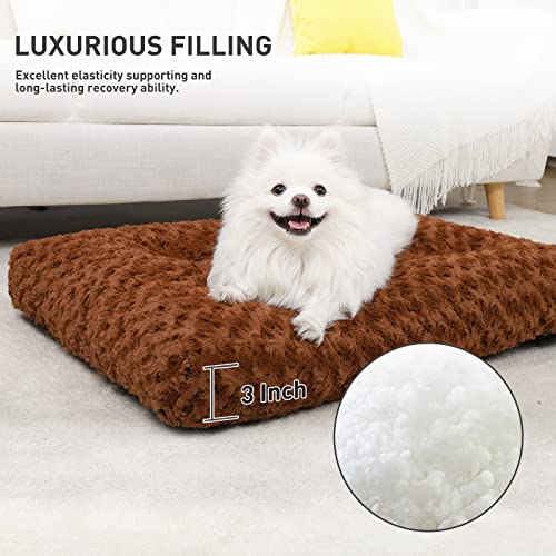 Washable Dog Bed Deluxe Plush Dog Crate Beds Fulffy Comfy Kennel Pad Anti-Slip Pet Sleeping Mat for Large, Jumbo, Medium, Small Dogs Breeds, 23" x 18", Brown