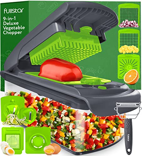 Fullstar 9-in-1 Deluxe Vegetable Chopper Vegetable Cutter - Spiralizer Vegetable Slicer Dicer - Onion Chopper Food Veggie Chopper - Juicer Peeler Egg Slicer & Separator - Kitchen Gadgets Gray/Green