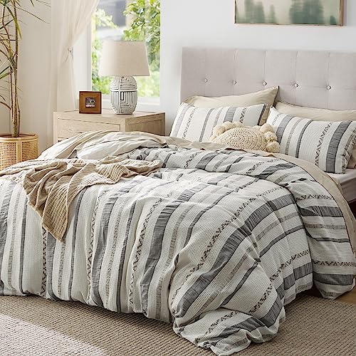Bedsure Waffle Weave Duvet Cover Queen - 100% Cotton Boho Duvet Cover with 2 Pillowcases - Cream White Textured Comforter Cover with Zipper Closure (Queen, 90"x90")